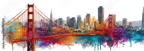 Vibrant watercolor painting of San Francisco skyline and Golden Gate Bridge cityscape