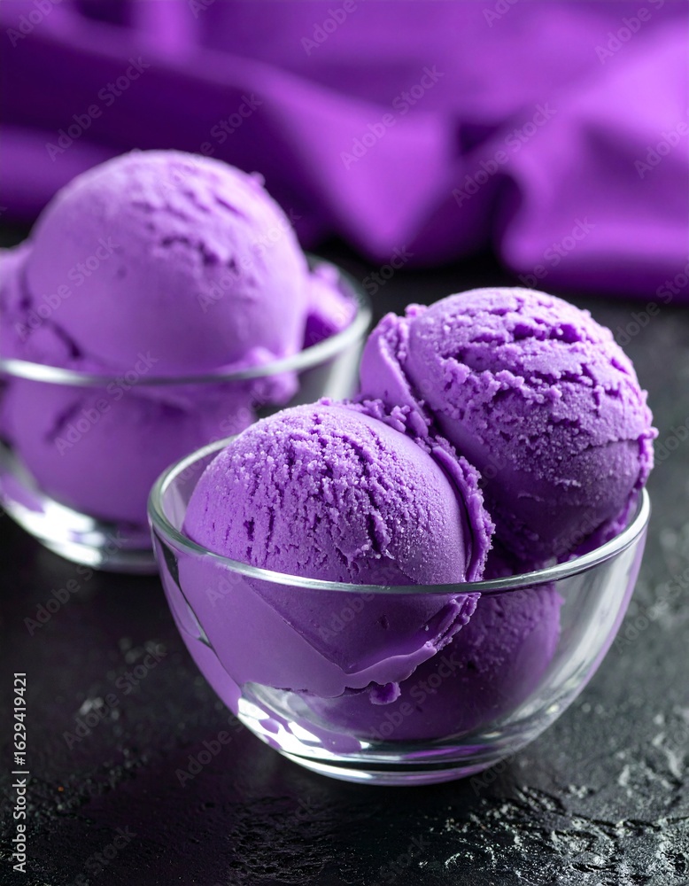 Scoops of vibrant purple ice cream sit in clear glass bowls, against a dark purple background. The creamy texture is visible Scoops of vibrant purple ice cream sit in clear glass bowls, against a dark purple background. The creamy texture is visible