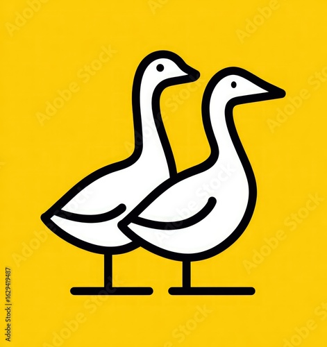 Two stylized geese, white on solid yellow backdrop