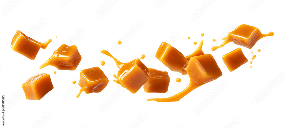 Fototapeta premium Caramel pieces and caramel splash flying in the air isolated on a transparent background