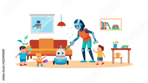 Robot cleaner domestic chores with kids playing and cleaning robot vacuum illustration vector art