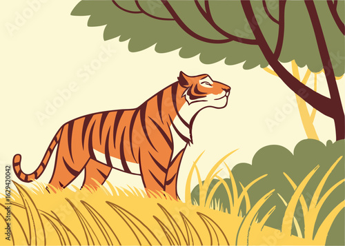 Tiger in Grassland with Trees in Flat Style Vector