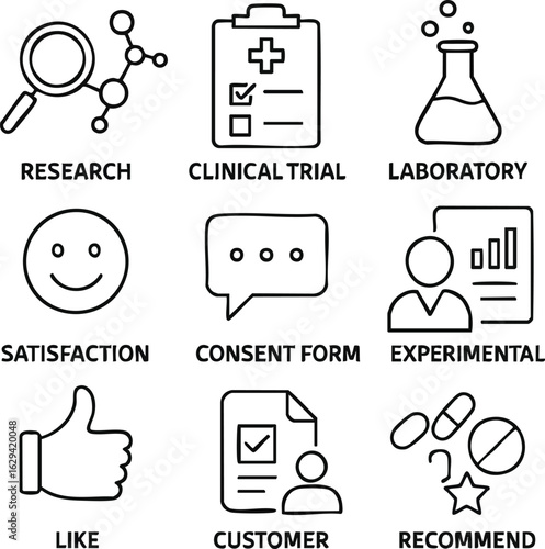 Medical research icons representing clinical trials, lab experiments, customer satisfaction, consent, recommendations, and more; ideal for healthcare, science, and pharmaceutical projects