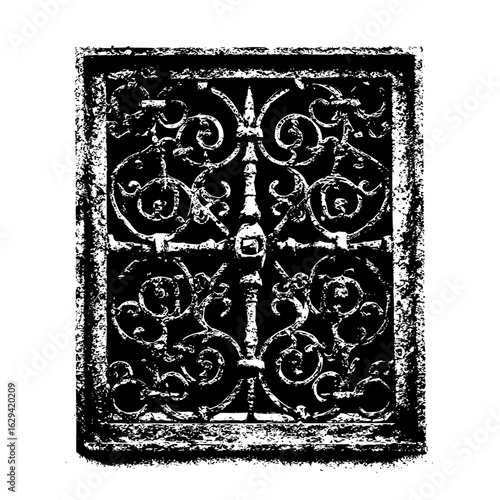 Intricate wrought iron gate with ornate scrollwork and a rectangular frame in a distressed style design