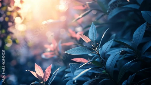 Lush green leaves illuminated by soft sunlight in a serene garden setting with a blurred background