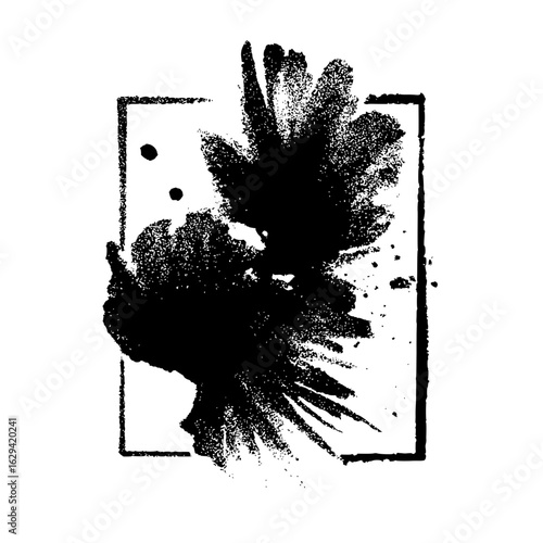 Black ink blot within a square frame with splatter and textured details on a white background art piece