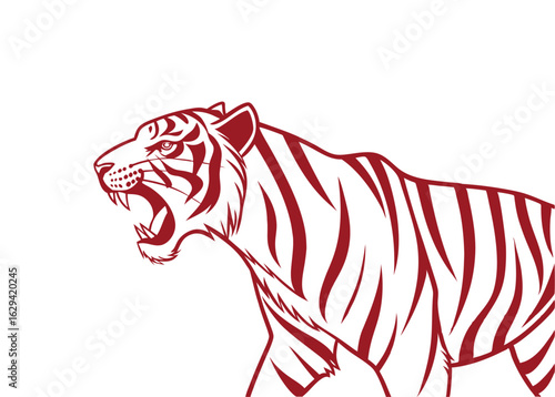 Roaring Tiger Outline Illustration in Red Stroke Style