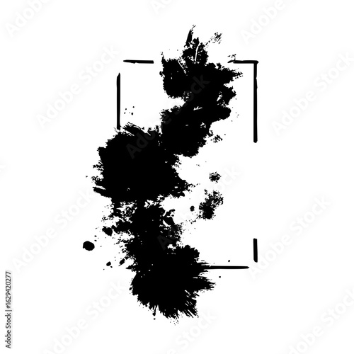 Black ink splatters and drips arranged vertically inside a partial square frame on white background