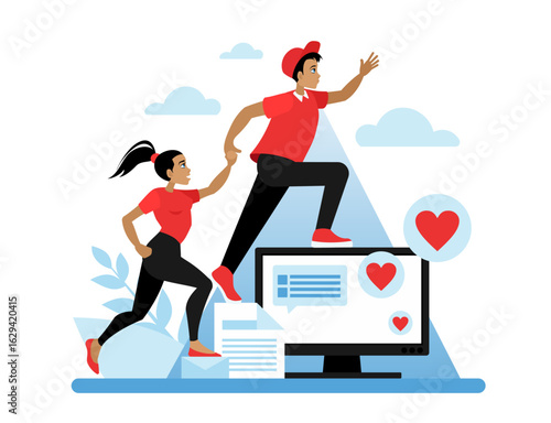 Corporate mutual assistance and care. Two employees climb the career ladder by helping each other. The concept of quality partnership and cooperation. Vector illustration in a flat cartoon style