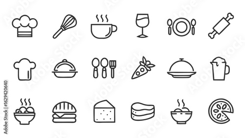 Collection of food preparation and dining icons including utensils and various food items shown