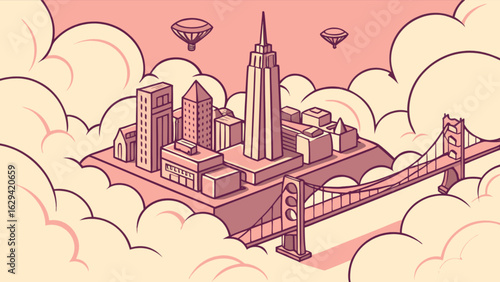 Isometric san francisco city skyline drawing with bridge and clouds vector illustration design artwork