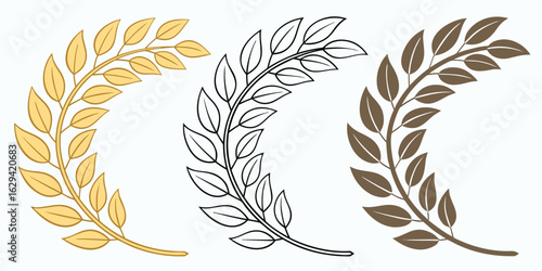 Laurel wreath icons set in gold, silver, and brown