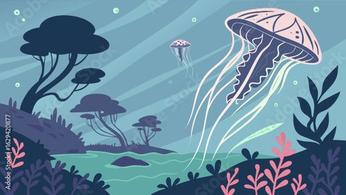 Jellyfish ocean scene illustration vector art underwater wildlife nature background marine life aquatic design