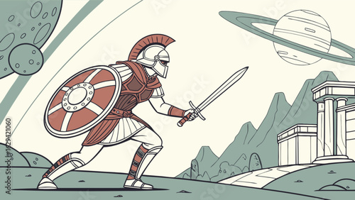 Illustration of spartan warrior with sword and shield in space with planets and ancient building art
