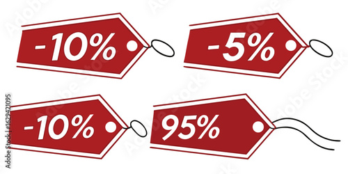 Illustration of discount tags with various percentages off, indicating sales and promotions isolated on white background