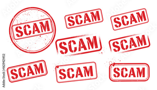 Red Grunge Scam Rubber Stamp Collection, Warning Text, Distressed Style, Vector Illustration