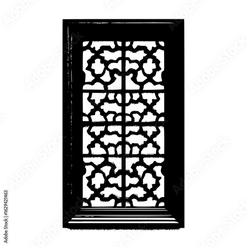 Monochrome window with an intricate lattice pattern and a dark frame in a black and white illustration
