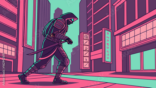 Ninja warrior assassin with katana sword in cyberpunk city artwork vector illustration design concept