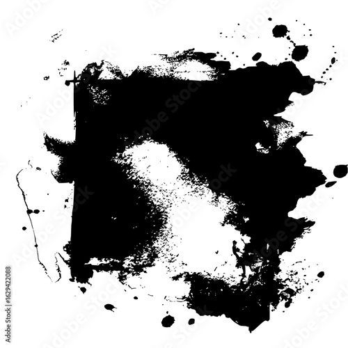 Black and white abstract splatter design with heavy ink blotches and textured grunge effects creating a bold look