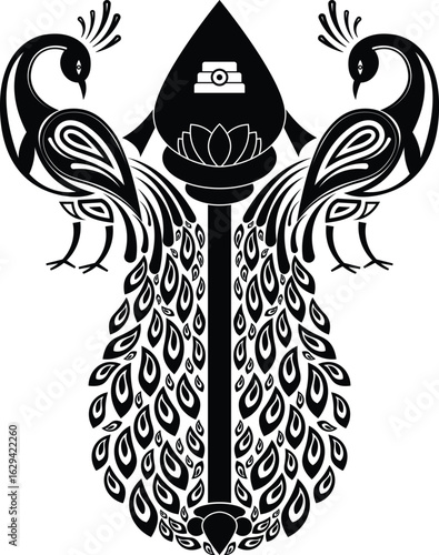 Lord Murugan Vel with Two Peacock Birds Vector Art | Tamil Hindu Symbol Design for Tattoo, Embroidery, Sticker