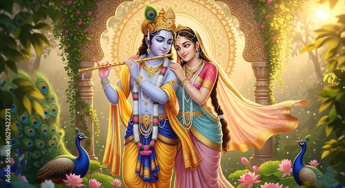 Lord krishna playing flute with radha in a serene forest setting with peacocks