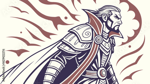 Illustration of a powerful sorcerer with beard and cape in fantasy art style with magical background elements