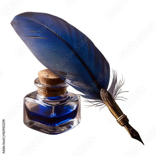 A blue feather quill pen resting beside a glass inkwell filled with blue ink on a black background on transparent background