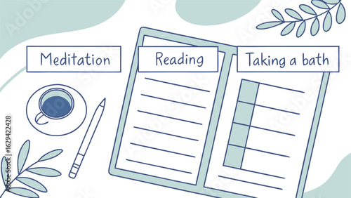 A simple hand drawn illustration depicting a planner with self care activities like meditation reading and taking a bath alongside a cup of coffee and a pen