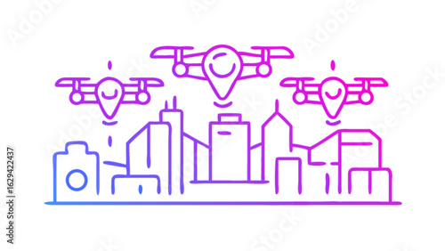 Drone delivery services over cityscape aerial photography and urban drone technology solutions concept
