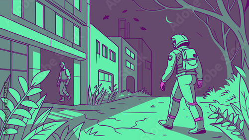 Astronauts explore abandoned city landscape vector art illustration in retro futuristic style design scene