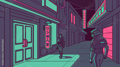 Cyberpunk city street scene with futuristic characters and neon lights illustration for design projects