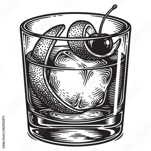 Old Fashioned cocktail woodcut vector illustration