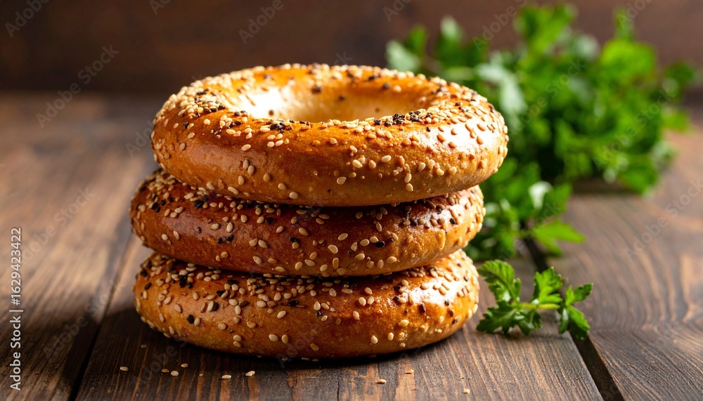 Three golden-brown seeded rings stacked on rustic wood. Close-up shot. Delicious baked goods Three golden-brown seeded rings stacked on rustic wood. Close-up shot. Delicious baked goods