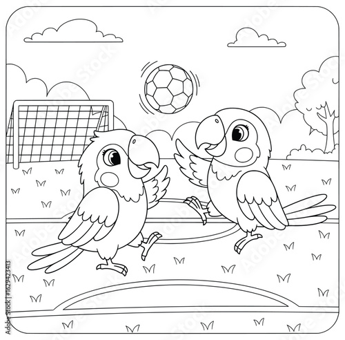 Two parrots playing soccer on a football field, fun and cute animal sports activity line art illustration for coloring pages