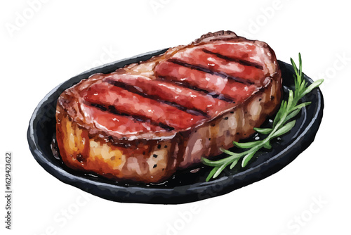 Watercolor grilled beef steak with rosemary on black plate meat food