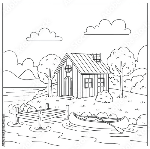 Peaceful lakeside cabin with wooden dock, canoe, and surrounding trees in a serene nature setting coloring page
