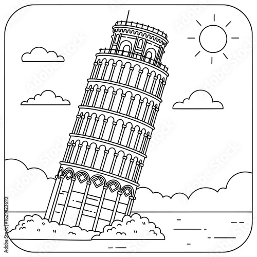  Leaning Tower of Pisa line art illustration for coloring, detailed architectural landmark design for educational and creative activities