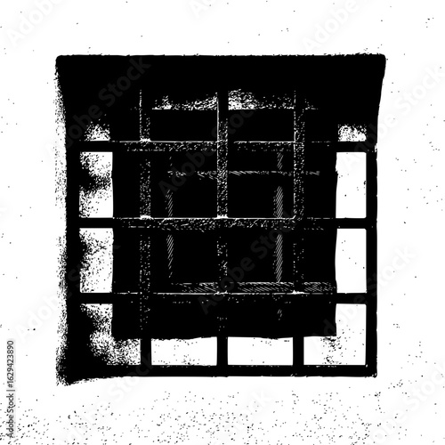 A stark black and white image of a barred window set within a textured wall creating a somber atmosphere