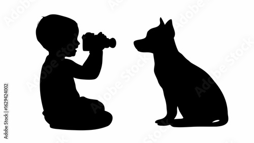 Silhouette of a child with binoculars looking at a dog sitting attentively in black and white art