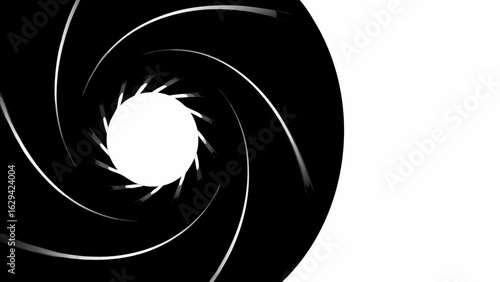 Aperture like spiral design with black and white contrast and an opening in the center of the image