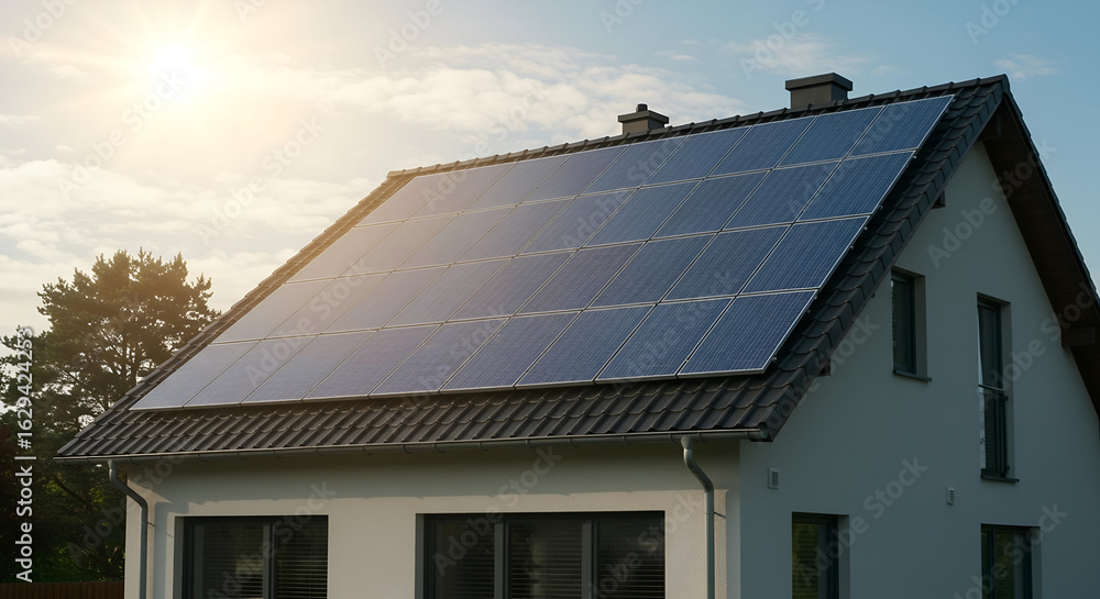 Fototapeta premium Modern House with Solar Panels on Roof Harnessing Renewable Energy from Sunlight in Bright Outdoor Setting