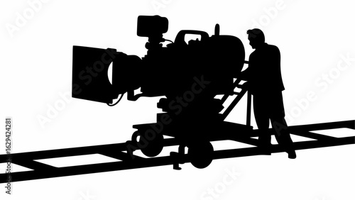 Silhouette of a cameraman operating a large film camera on a dolly track in a studio setting