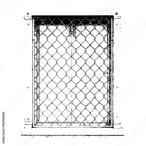 A detailed monochrome sketch of a window covered with a diamond patterned metal security grill or cage design