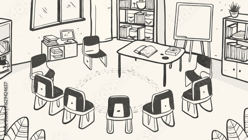 Illustration of a classroom with chairs in a circle around a table and whiteboard setup and bookshelves