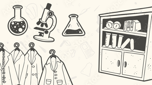 Illustration of lab coats, beakers, microscope, and cabinet in a science themed doodle style image