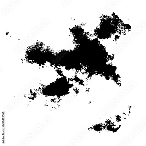 Abstract black ink blot with textured edges on a white background creating a dynamic and organic shape