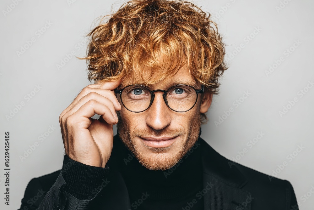 Against a light blue background, a close-up portrait captures a young male with curly brown hair, wearing round glasses and a white turtleneck sweater, as he looks up with a contemplative expression Against a light blue background, a close-up portrait captures a young male with curly brown hair, wearing round glasses and a white turtleneck sweater, as he looks up with a contemplative expression