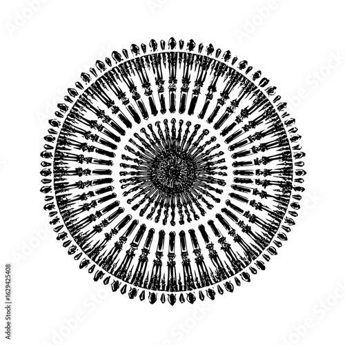 A circular pattern with radiating lines and dots creating a complex symmetrical design in black and white