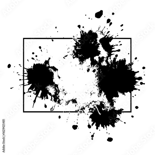 Black ink splatters within a rectangular frame creating an abstract artistic visual element on white backdrop