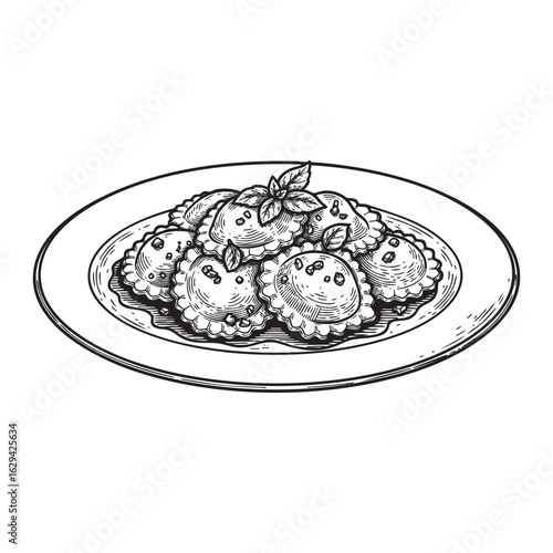 Ravioli pasta woodcut engraving vector illustration